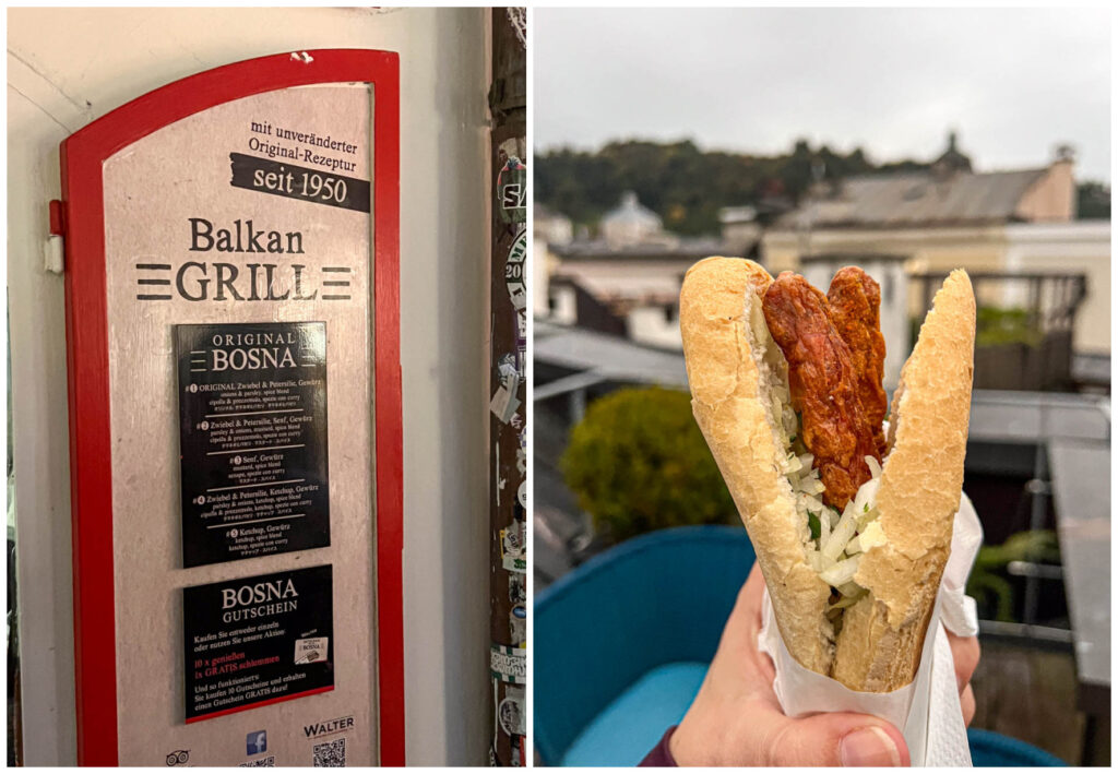 Two photo collage of Balkan Grill Menu and holding an Original Bosna from Balkan Grill.