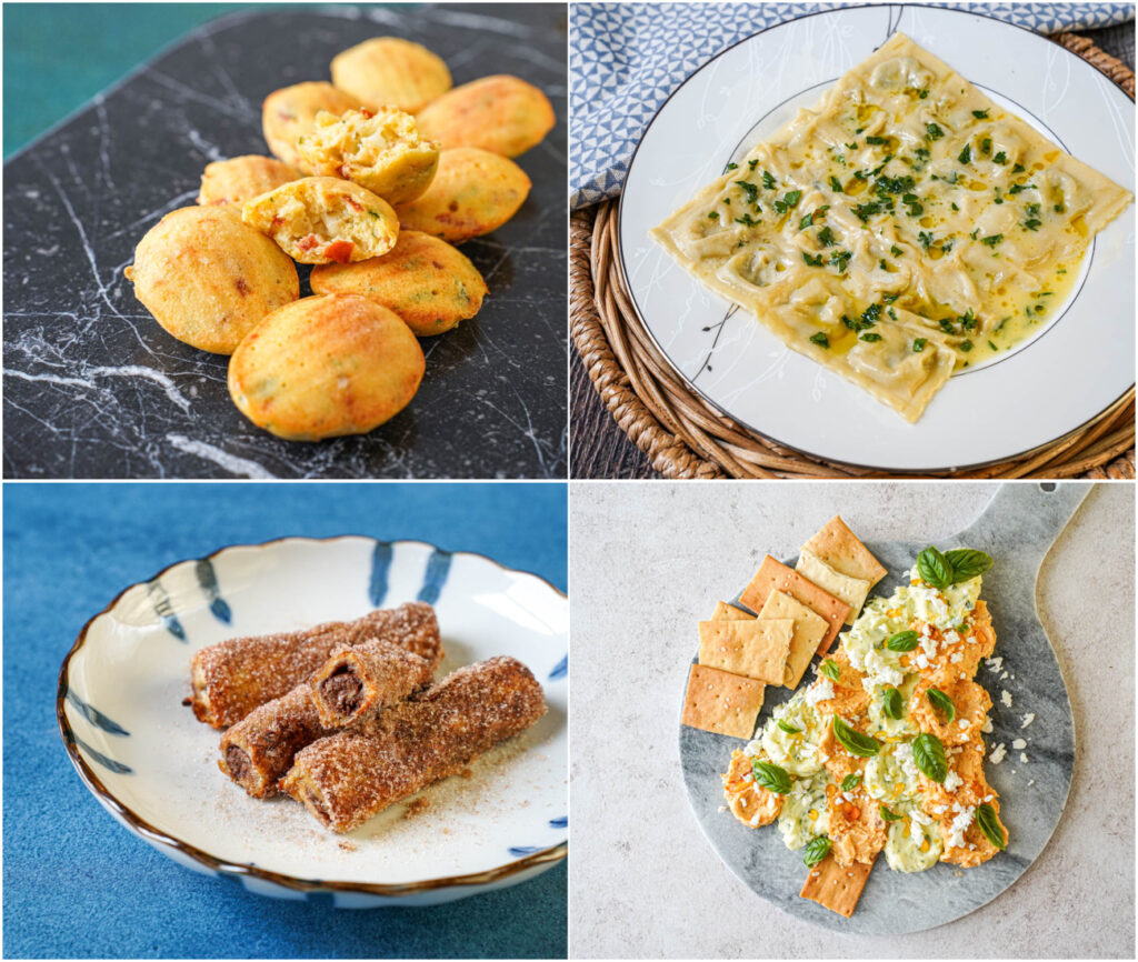 Camembert Madeleines, Ravioles du Dauphiné, Baileys French Toast (Pain Perdu au Baileys), and Christmas Butter Board (Planche de Beurre Façon Noël).