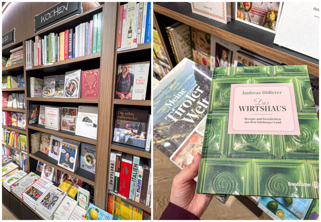 Two photo collage of cookbook section and holding Das Wirsthaus and Meine Tiroler Welt at Buchhandlung Höllrigl.