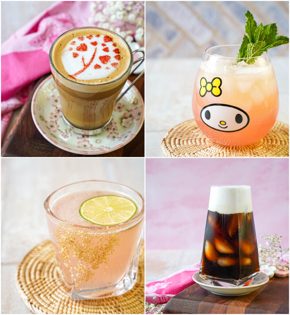 Four photo collage of Cherry Blossom Latte, Cherry Blossom Lemonade, Cherry Blossom Margarita, and Cherry Blossom Cold Brew.