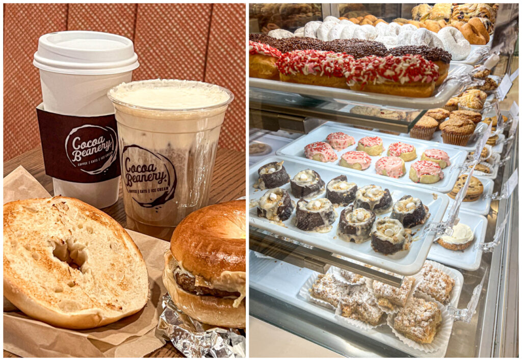 Two photo collage of Coffee and Bagels from the Cocoa Beanery and an assortment of pastries on display.