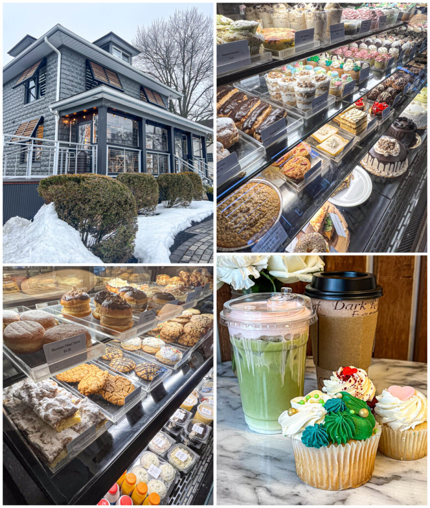 Four photo collage of entrance to Desserts Etc, cakes and cupcakes on display, cookies on display, and strawberry matcha, coffee, and cupcakes from Desserts Etc.