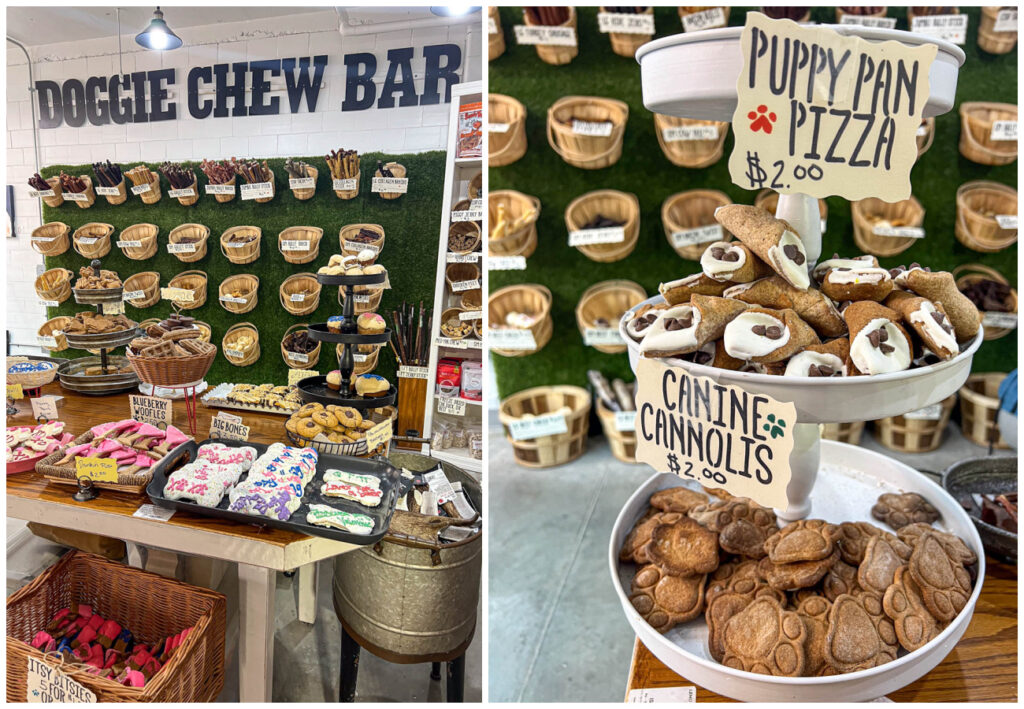 Two photo collage of dog treats and chews at Doggie Delights and Canine Cannoli treats.
