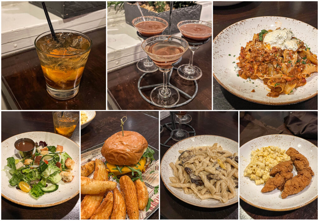 Seven photo collage of Old Fashioned, Chocolate Martini Flight, Short Rib Pappardelle, salad, Burger, Mushroom Pasta, and Chicken Fingers with Macaroni and Cheese.