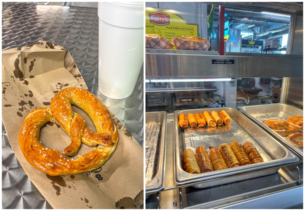 Two photo collage of pretzel and hot dog pretzels at Foltz's Pretzels.