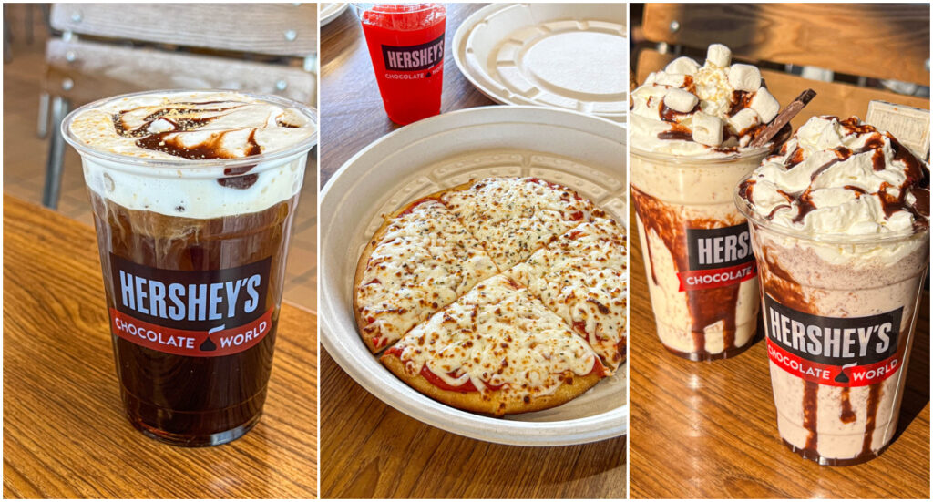Three photo collage of S'mores iced coffee, cheese pizza, and two milkshakes.