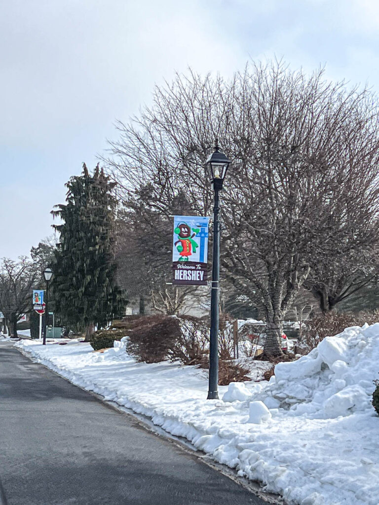 Street lined with snow and a lamppost with a Welcome to Hershey sign.