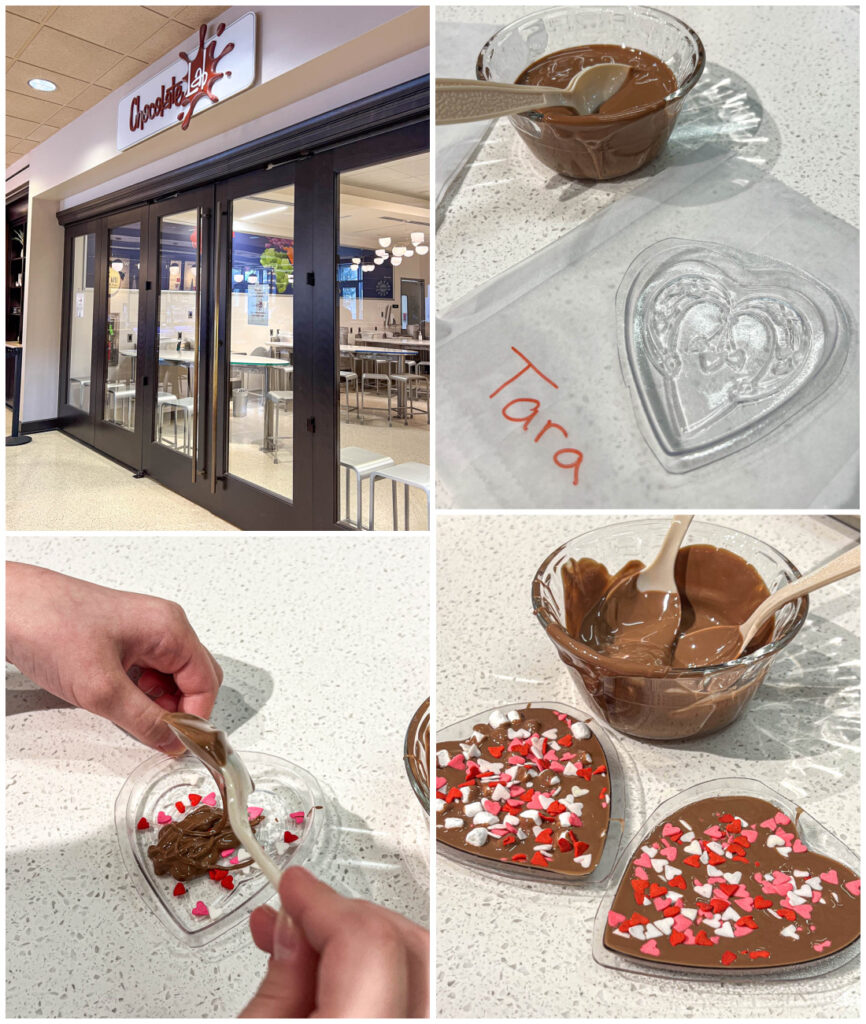 Four photo collage of entrance to Chocolate Lab, heart mold with Tara written on the side, filling heart mold with chocolate, and chocolate heart molds topped with sprinkles.