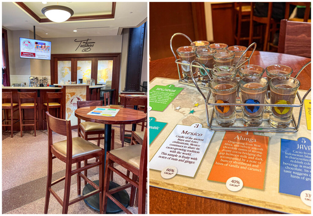 Two photo collage of tables and chairs at Tastings Bar and a flight of melted chocolate.