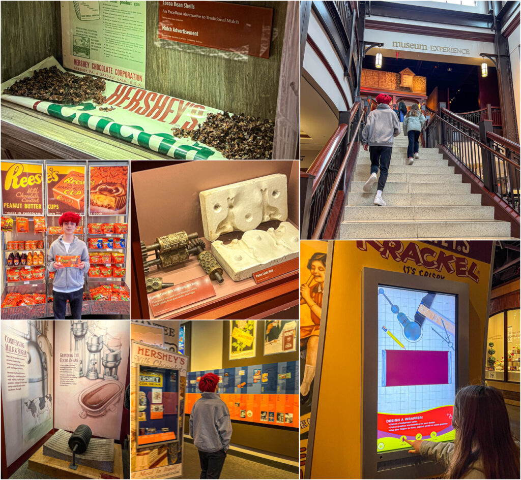 Seven photo collage of exhibits at The Hershey Story, boy holding Reese's bag, boy looking at Hershey timeline, boy and girl walking up stairs, and girl decorating virtual candy wrapper.