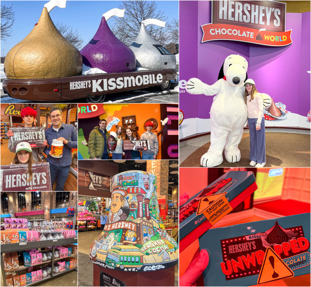 Seven photo collage of Kissmobile, two kids holding world's largest Hershey bars and dad holding Reese's protein powder, Hershey Kisses on display, family smiling with Hershey bar, girl smiling with Snoopy, and Hershey's Unwrapped containers.