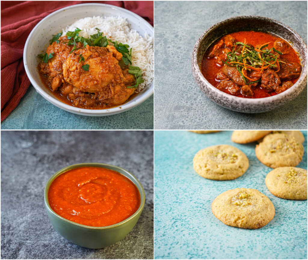 Chicken in Cumin & Ground Coriander Yogurt, Lamb Cooked in Yogurt with Ginger & Orange, Tomato-Chile Sauce, and Pistachio & Cardamom Cookies.