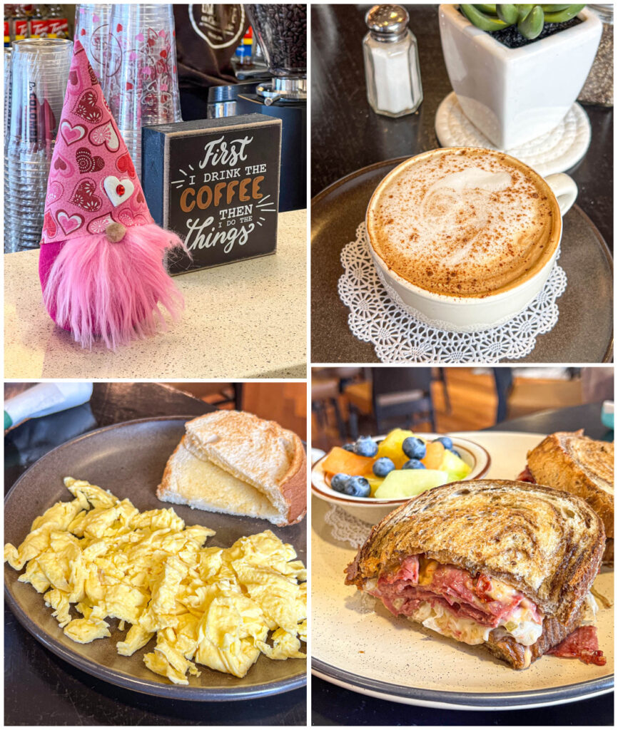 Four photo collage of pink gnome next to "First I Drink the Coffee Then I do the Things" sign, French Toast Cappuccino, scrambled eggs on a plate with toast, and Reuben Sandwich from Lisa's Cafe on Chocolate.
