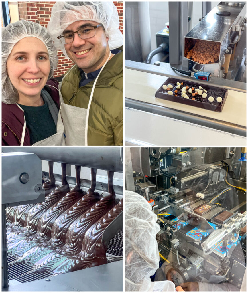 Four photo collage of man and woman smiling, chocolate bar filling with butterscotch chips, melted chocolate pouring through machine, and girl watching chocolate bars being packaged.