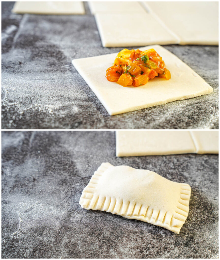 Two photo collage of folding puff pastry square over paneer masala filling.