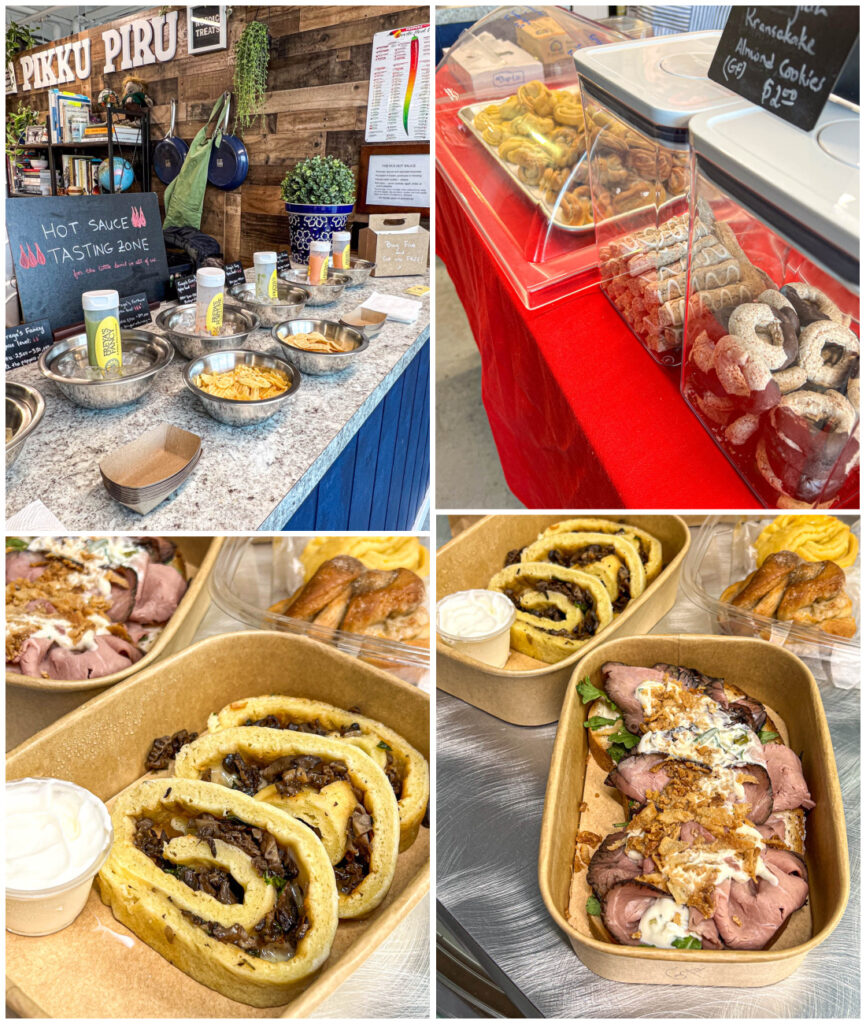 Four photo collage of hot sauce, Kransekake, savory mushroom pancakes, and roast beef Smørrebrød at Pikku Piru.