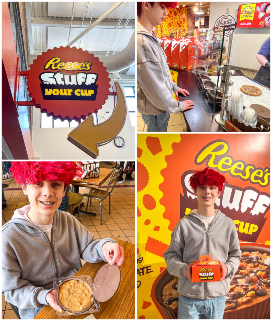Four photo collage of Reese's Stuff Your Cup sign, boy watching large Reese's being made, and boy smiling with large Reese's peanut butter cup.