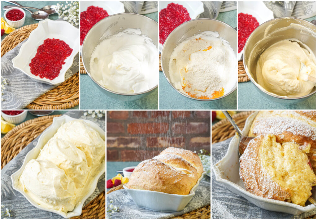 Seven photo collage of raspberry sauce in a white baking dish, egg whites whipped into peaks, flour over egg whites, egg whites folded into egg yolks, whipped eggs formed into three mountains, and baked Salzburger Nockerl with golden crust and creamy center.