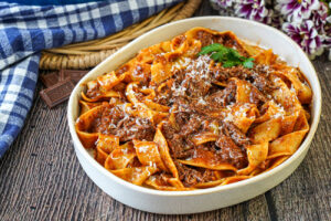 Short Rib Ragu in a bowl with pappardelle.