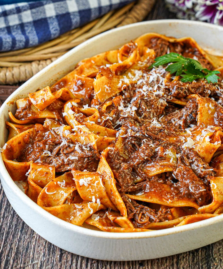 Short Rib Ragu in a bowl with pappardelle.