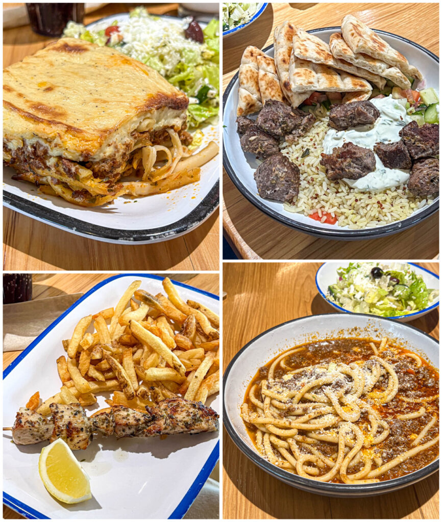 Four photo collage of Pastitsio, Lamb Souvlaki Bowl, Chicken Souvlaki with Fries, and Makaronia me Kima from Simply Greek.