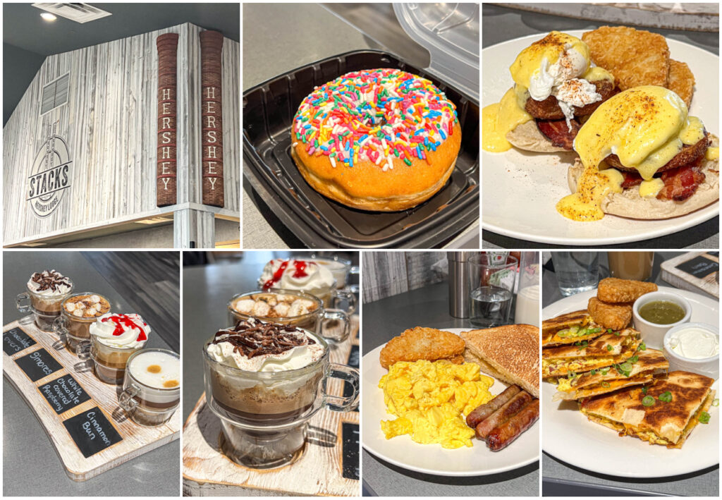 Seven photo collage of Stacks sign, vanilla donut, fried green tomato Benedict, coffee flight, scrambled eggs with toast and sausage, and breakfast quesadilla.