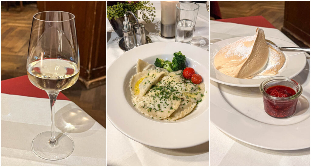 Three photo collage of white wine glass, Schlutzkrapfen, and Salzburger Nockerl at Sternbräu.