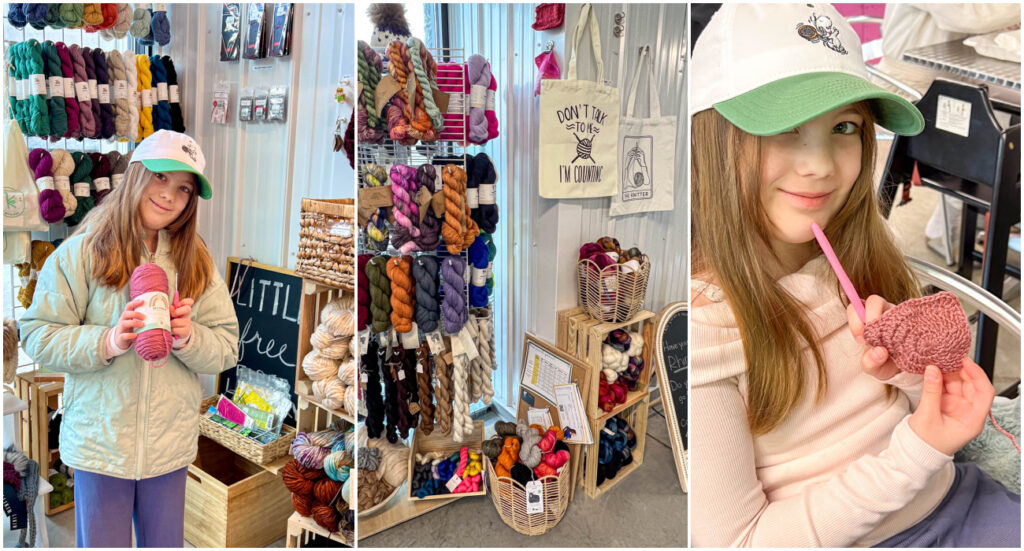 Three photo collage of girl holding a bundle of yarn, yarn at Susquehanna Purls, and girl making bear crochet coaster.