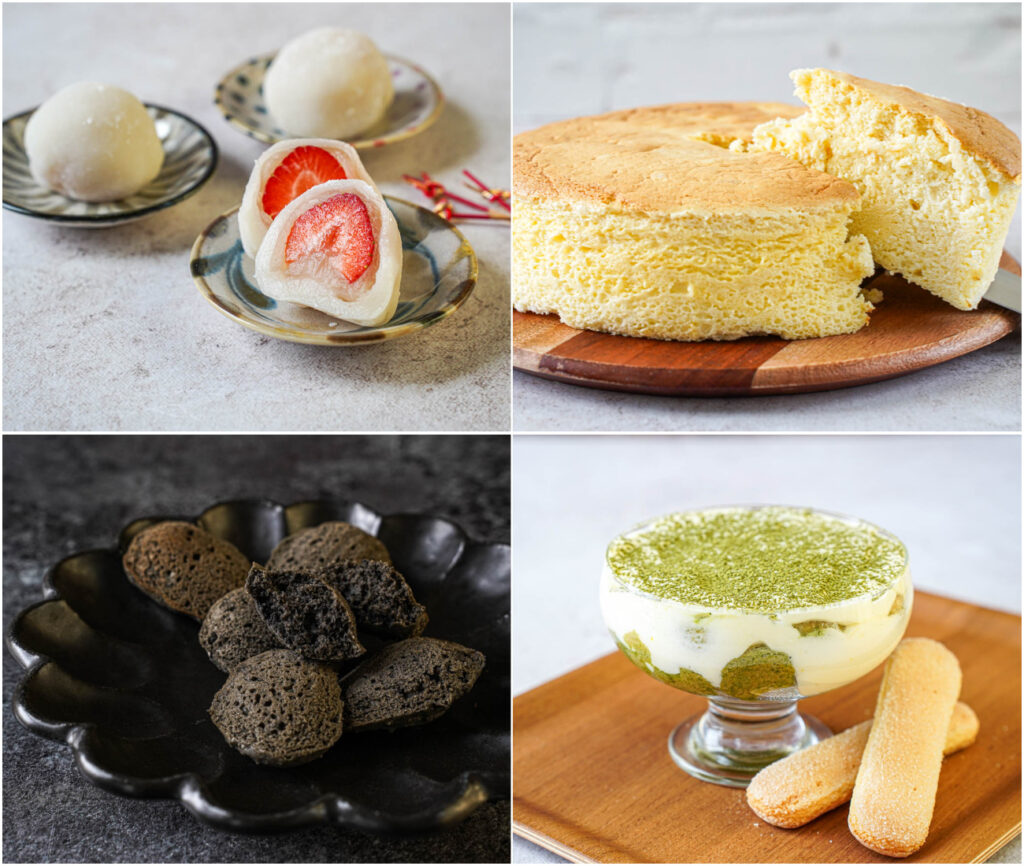 Strawberry Daifuku Mochi, Japanese Cheesecake, Black Sesame Madeleines, and Matcha Tiramisu.
