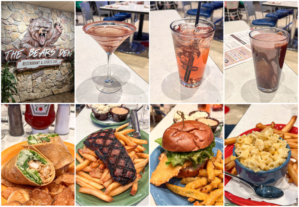 Entrance to The Bears' Den, Coconut Martini, The Relaxer, Strawberry Chocolate Mocktini, Caesar Wrap, Steak, Fish Sandwich, and Macaroni and Cheese.