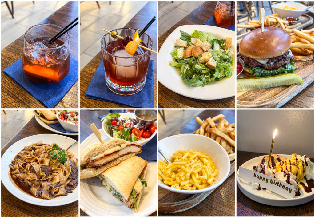 Eight photo collage of Old Man Smash, Old Fashioned, Caesar salad, The Smash Deluxe, Short Rib Pappardelle, Cordon Bleu Sandwich, Mac and Cheese, and Cookie Dough Pie with a Candle and Happy Birthday Sign.