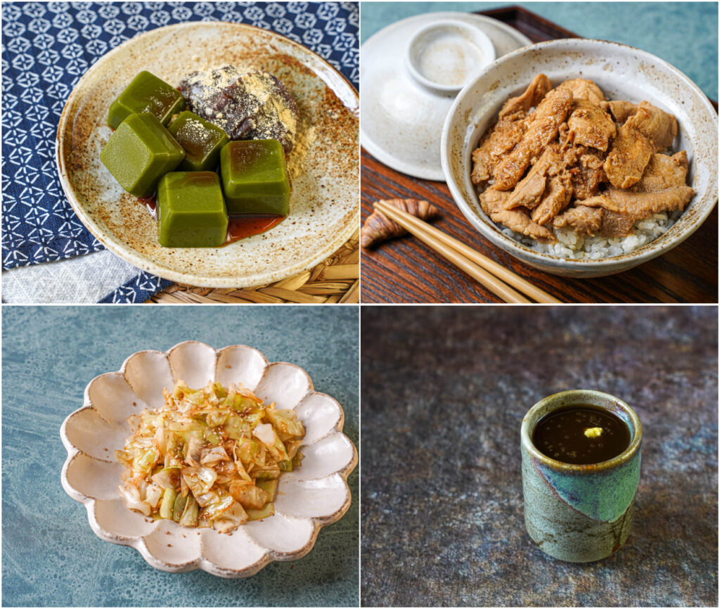 Matcha Kanten Jelly, Ginger Pork (Shogayaki), Stir-Fried Sesame Cabbage (Kyabetsu no Sote), and Sweet Arrowroot Tea (Kuzuyu) from The Japanese Pantry.