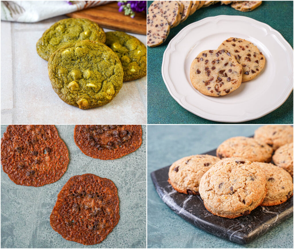 Matcha Latte Chip Cookies, Slice-and-Bake Chocolate Chip Cookies, Stained Glass Chocolate Chip Cookies, and S'cookies!