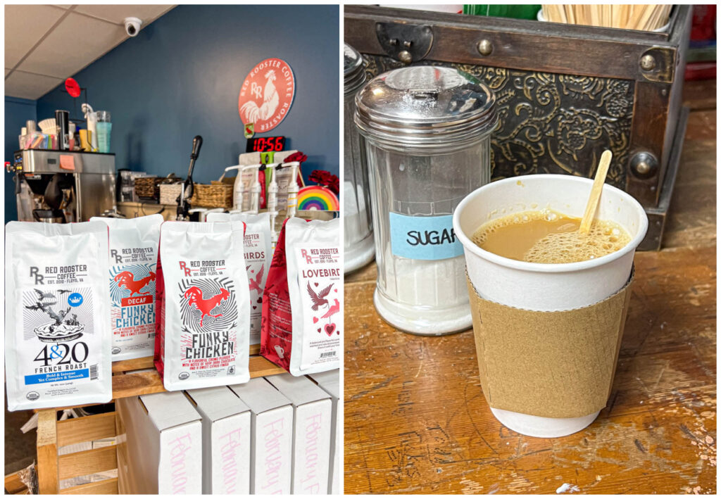Two photo collage of Red Rooster Coffee Bags on a shelf and a cup of coffee in front of a sugar container.
