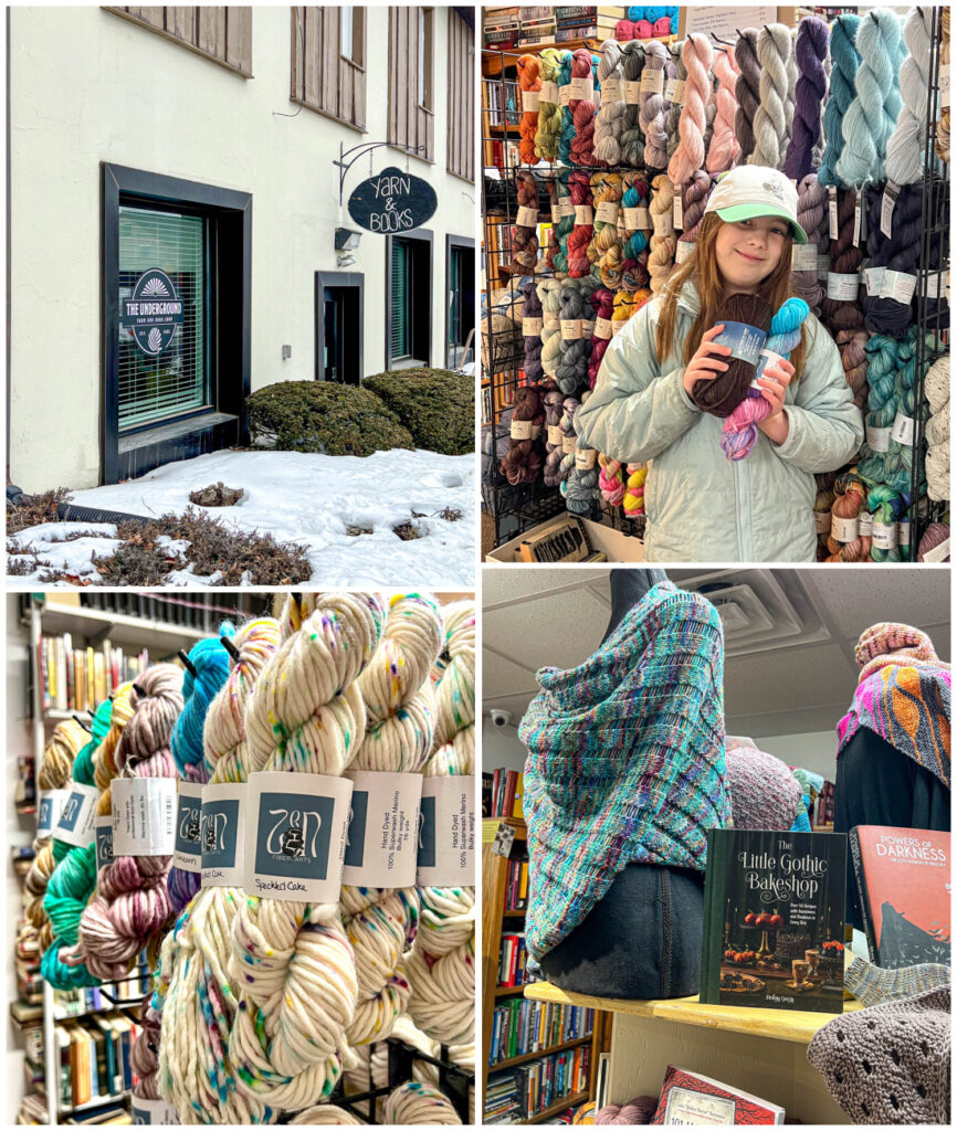 Four photo collage of entrance to The Underground Yarn and Book Shop, girl holding two bundles of yarn, yarn hanging from a hook, and The Little Gothic Bakeshop next to two crocheted shawls.