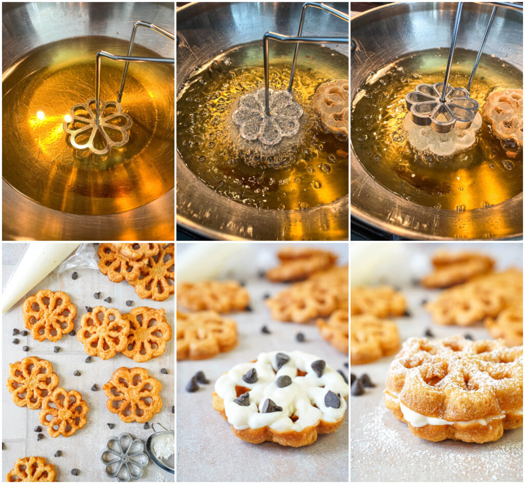 Six photo collage of heating rosette mold, frying pastries, filling with sweet ricotta cream, and dusting with powdered sugar.