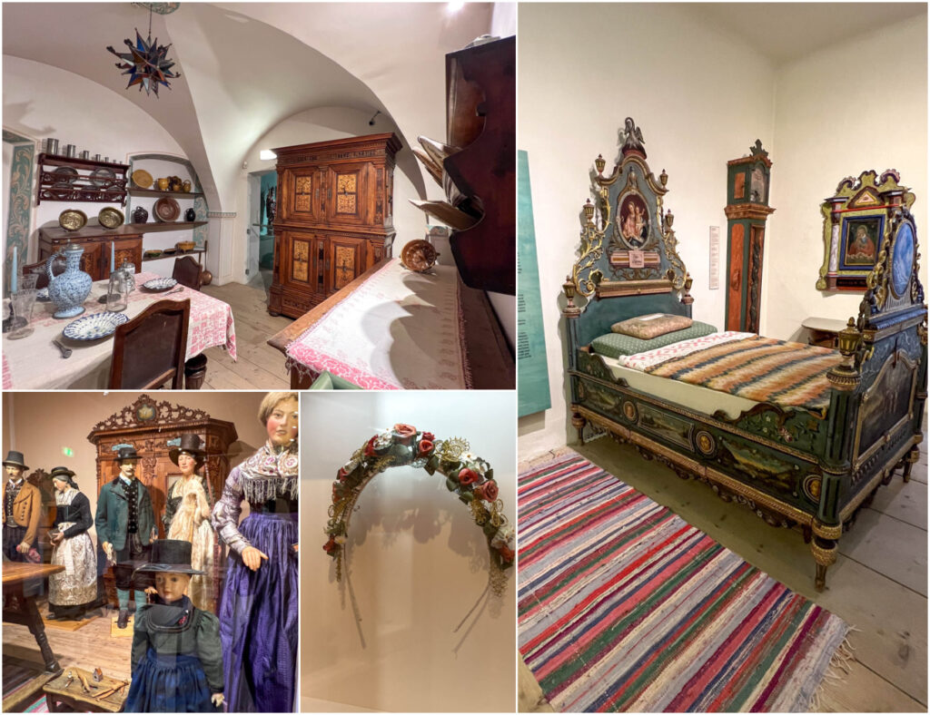Four photo collage of kitchen, bed, traditional clothing, and headband at Folklore Museum.