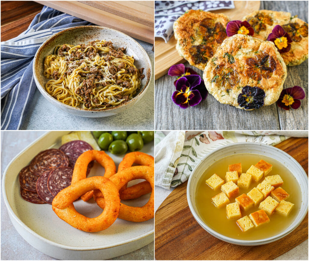 Chitarra con Ragù di Agnello (Chitarra Pasta with Lamb Ragù), Frittelle Ubaldine (Medieval Pancakes), Gathulis (Cheesy Potato Fritters), and Zuppa Imperiale (Semolina Cubes in Meat Broth).