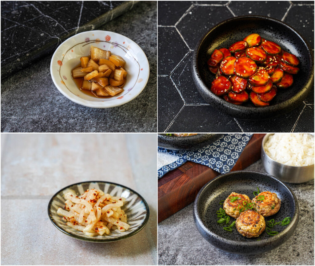 Onion Jangajji, Cucumber with Gochujang, Spicy Daikon Radish, and Stuffed Shiitake Jeon.