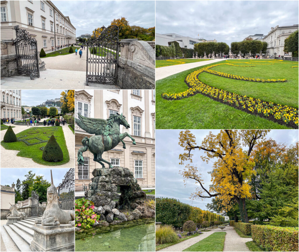 Six photo collage of gates, yellow flowers, unicorn statue, horse statue, green hedges, and trees along a path at Mirabell Garden.