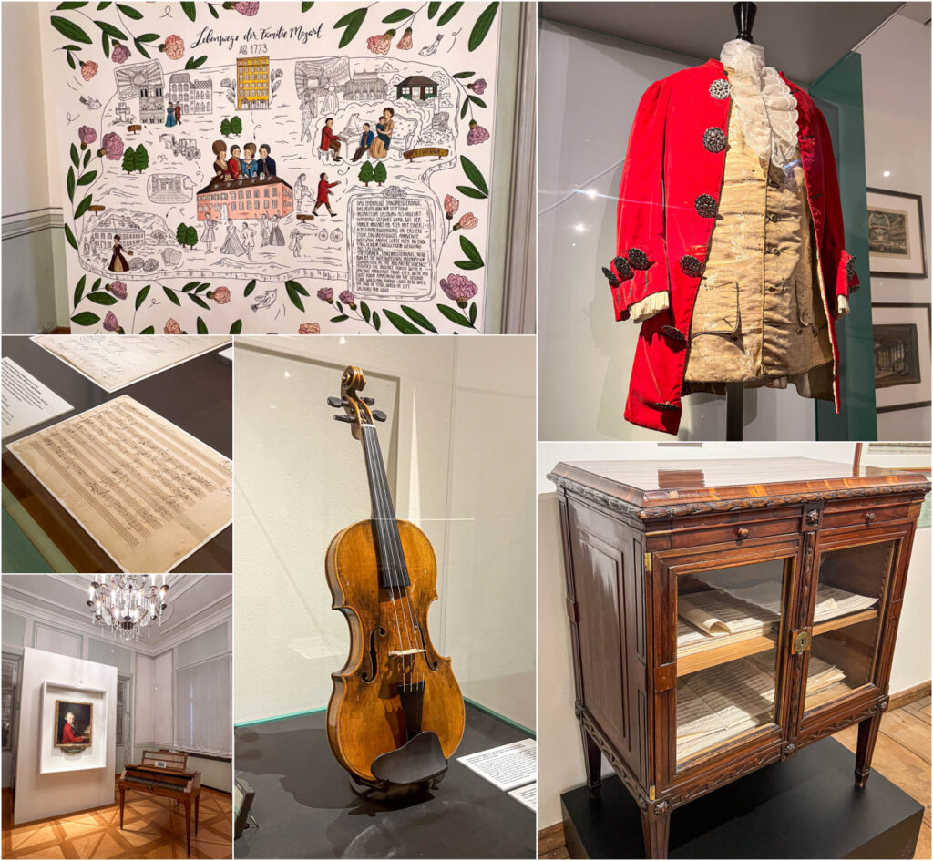 Six photo collage of illustrations of Mozart's life, Mozart's red jacket, sheet music, violin, portrait, and cabinet with sheet music.