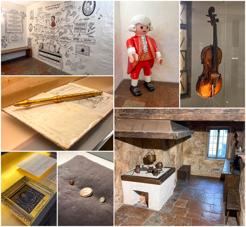 Seven photo collage of golden flute, lego Mozart, violin, Mozart portrait, jewelry, and a kitchen.