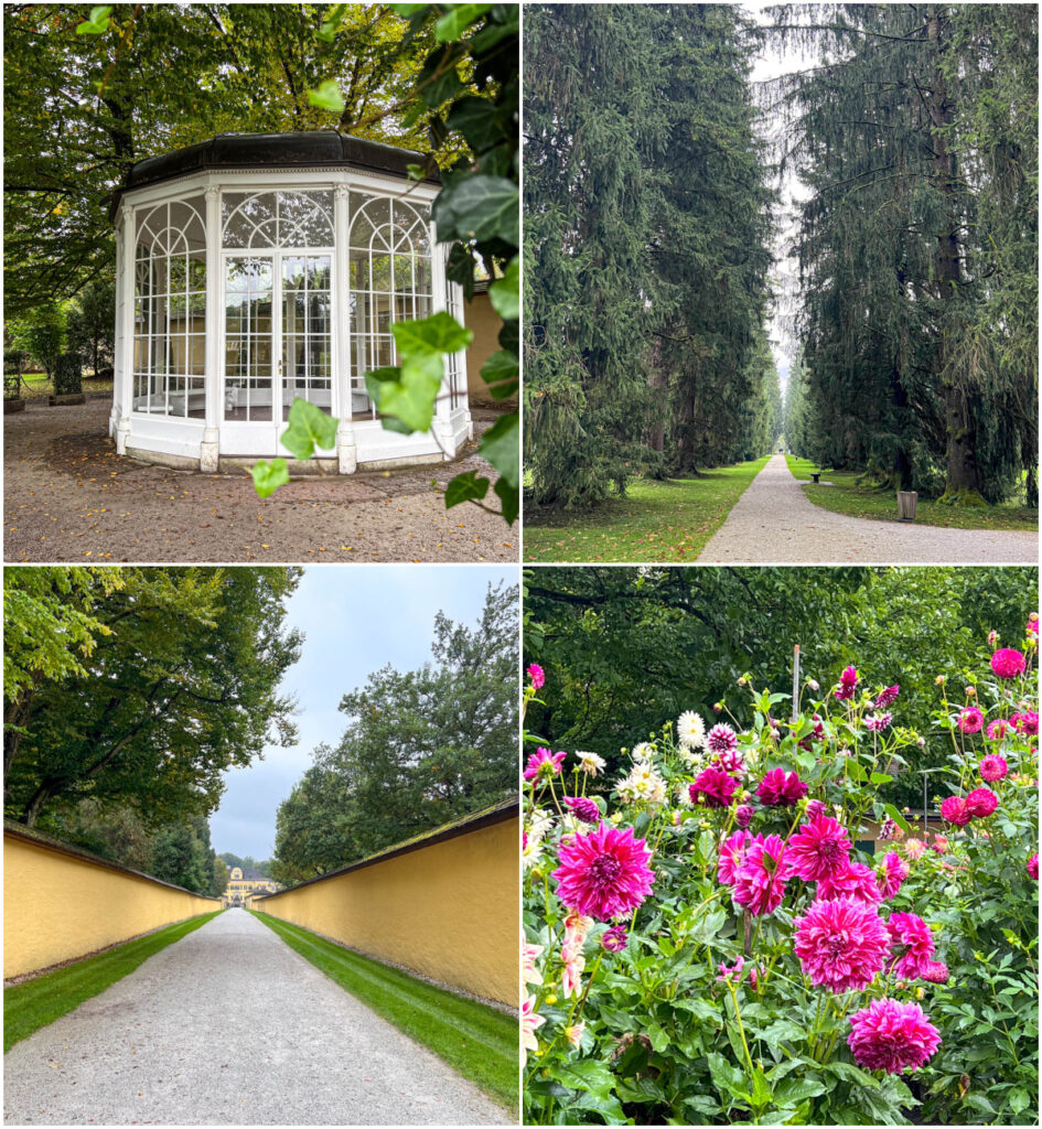 Four photo collage of gazebo, tall trees, walkway between two yellow walls, and purple flowers at Schloss Hellbrunn.