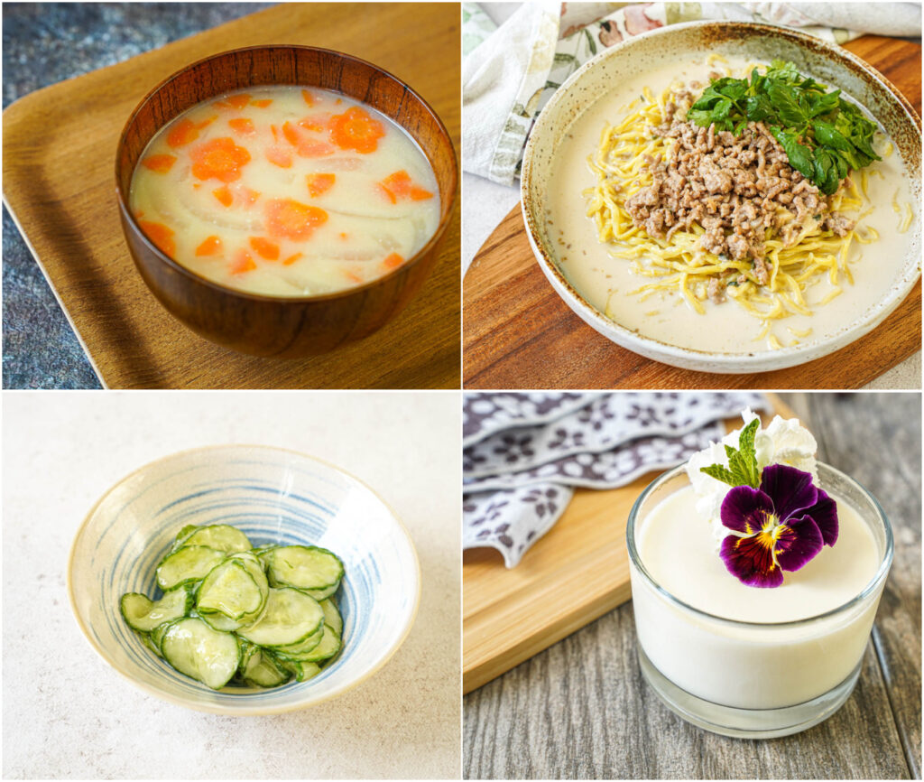 Onion and Carrot Miso Soup with Ginger, Miso Soy Milk Tantanmen, Cucumber with Vinegar Miso, and Miso Milk Pudding.