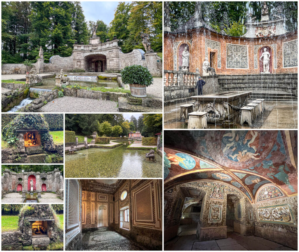 Eight photo collage of fountain with goat statues, trick fountains with water spraying, figurine making bread, statue in front of red wall, figurine in little alcove, water spraying from statue, floor and walls decorated with sea shells, and painted red and blue ceiling.