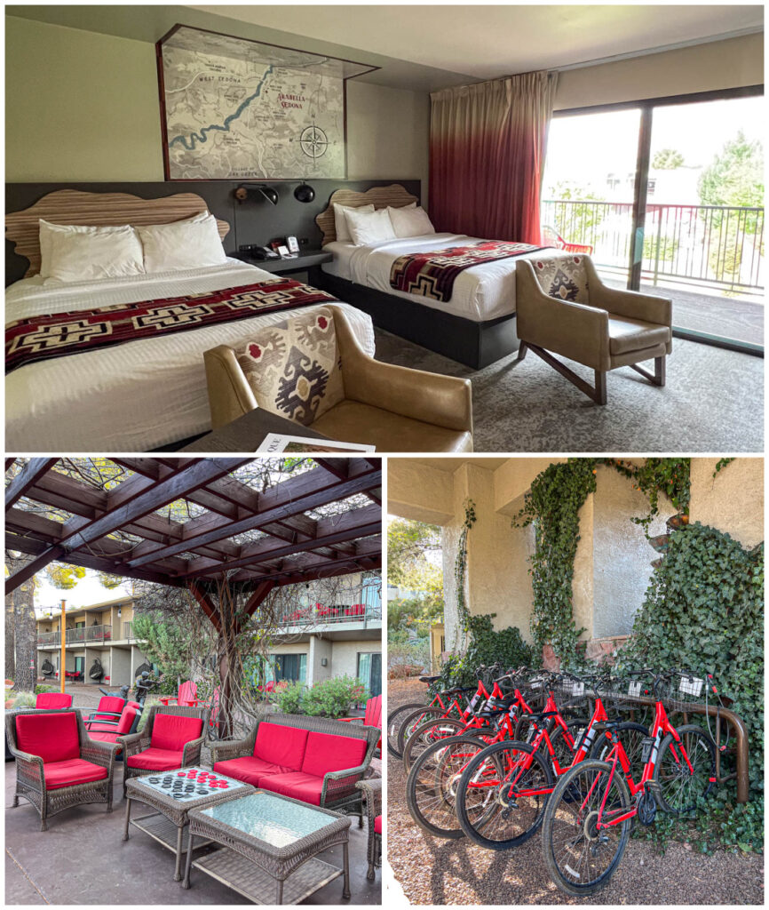 Three photo collage of two queen beds in guest room, chairs around a table with checkers, and red bicycles in a row at Arabella Hotel Sedona.