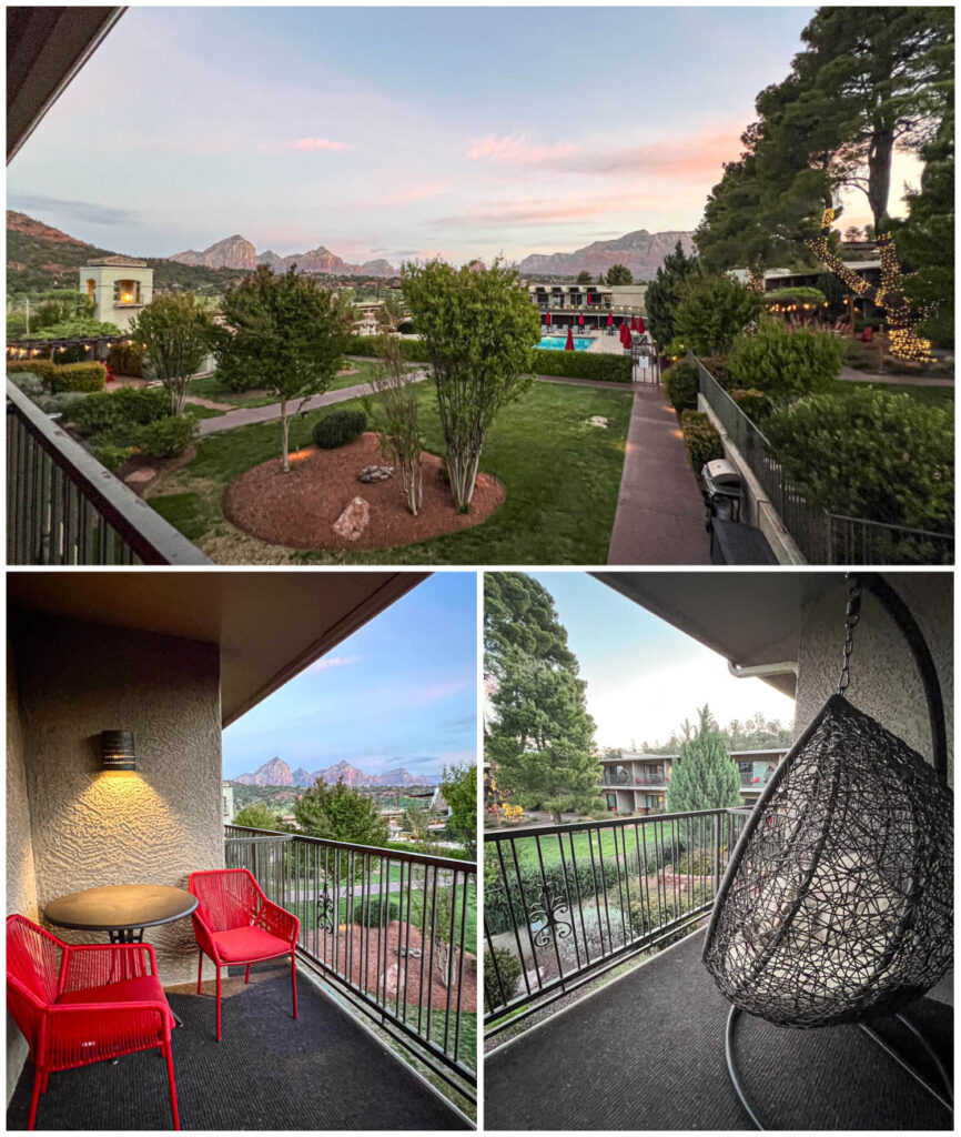 Three photo collage of courtyard and pool at Arabella Hotel, red chairs on balcony, and egg chair.