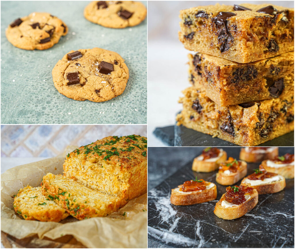 Kahlúa Chocolate Chunk Cookies, Bourbon Chocolate Chip Blondies, Cheddar Bay Beer Bread, and Bourbon Bacon Jam Crostini.