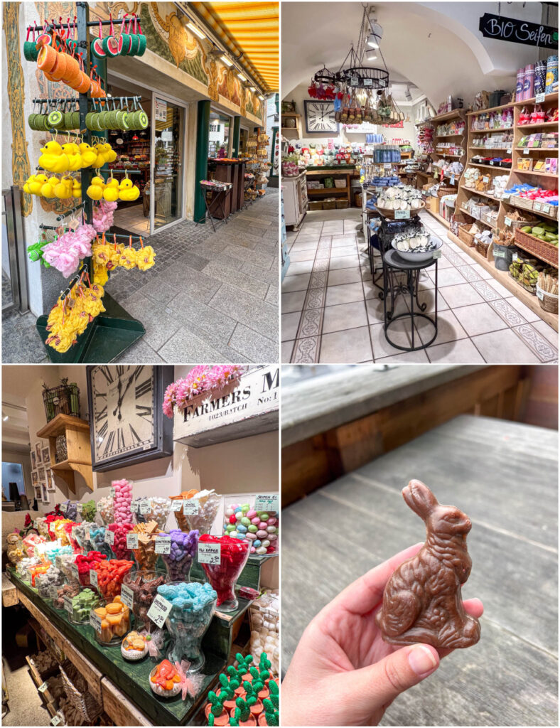 Four photo collage of sponges outside Benediktiner Seifenmanufaktur, shelves lined with soap, soap figurines in jars, and a chocolate bunny soap.