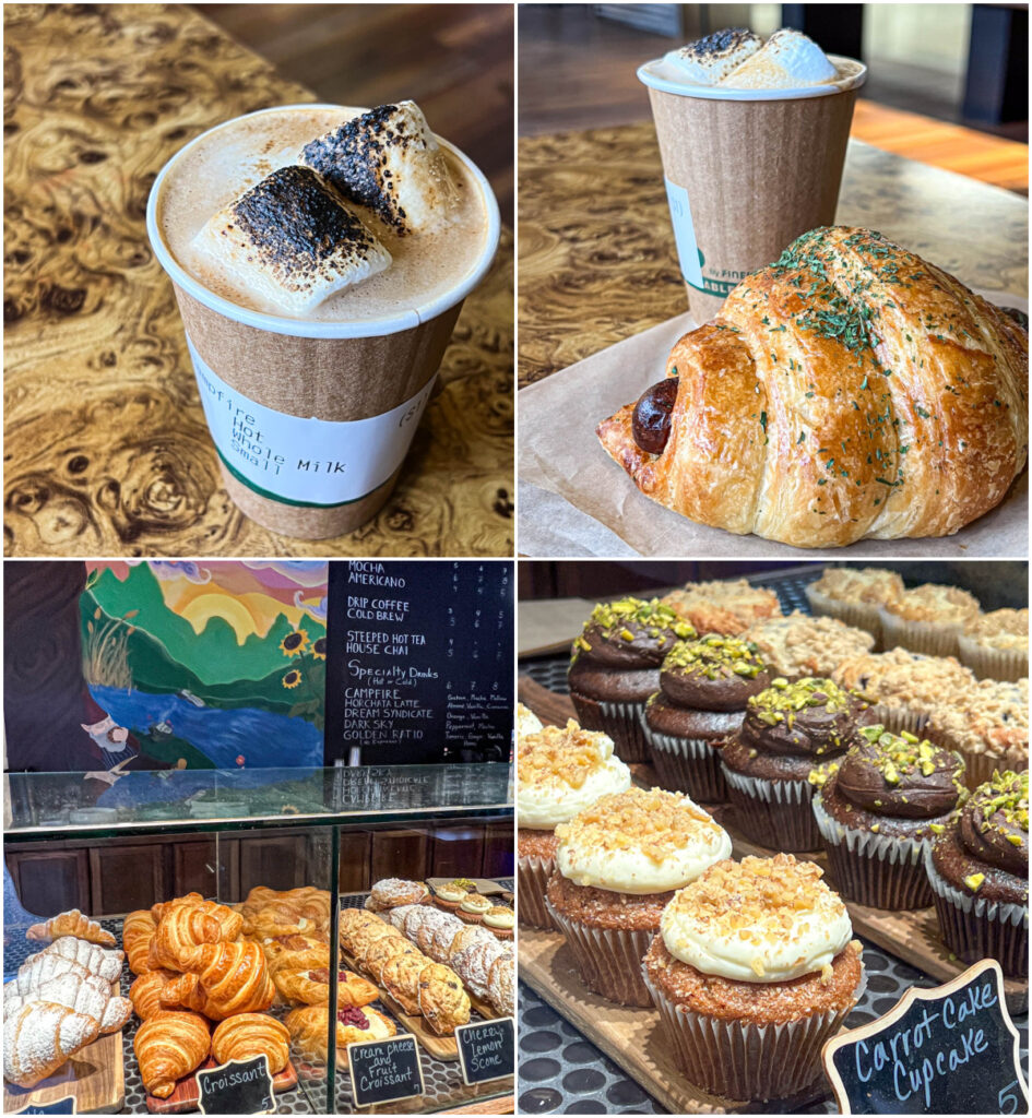 Four photo collage of Campfire Latte, Chicken Sausage Croissant, croissants in a case, and cupcakes from Big Park Bakery.